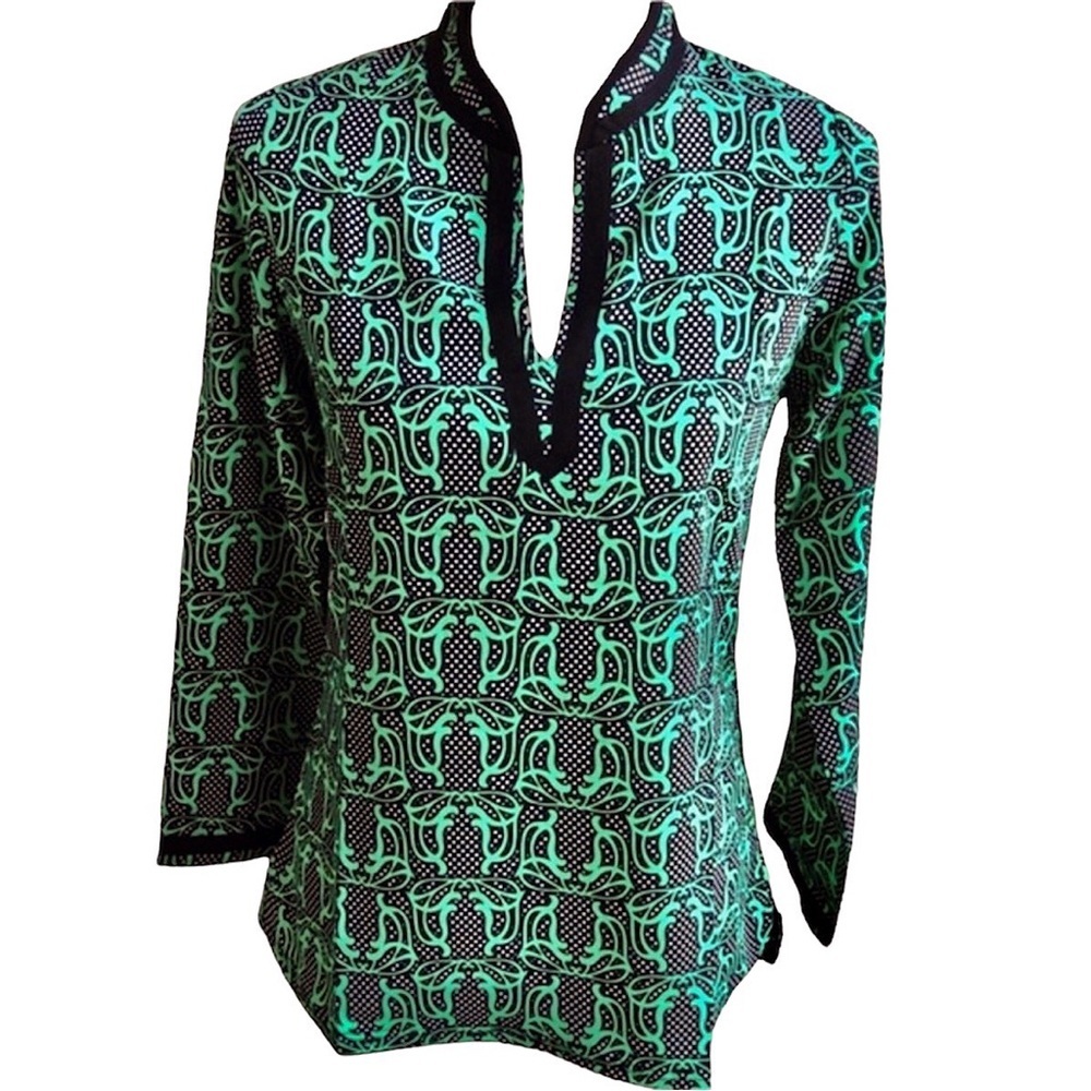 Tracy Negoshian Black & Green Georgia Polka Dot Swirl Tunic Size Medium